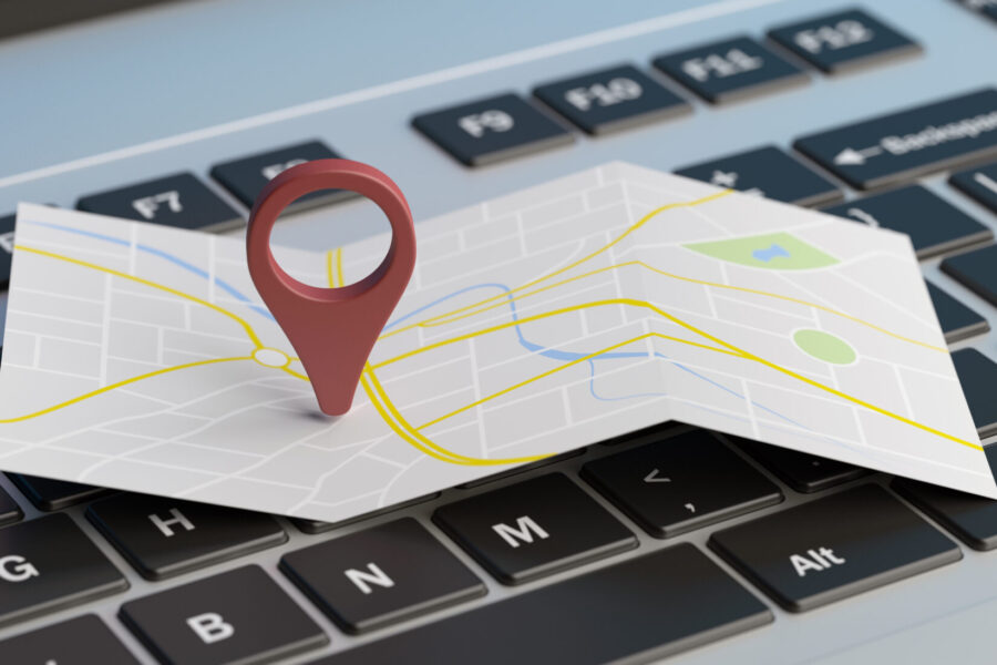 Online maps, gps navigation concept. Map pointer location on a computer laptop. 3d illustration